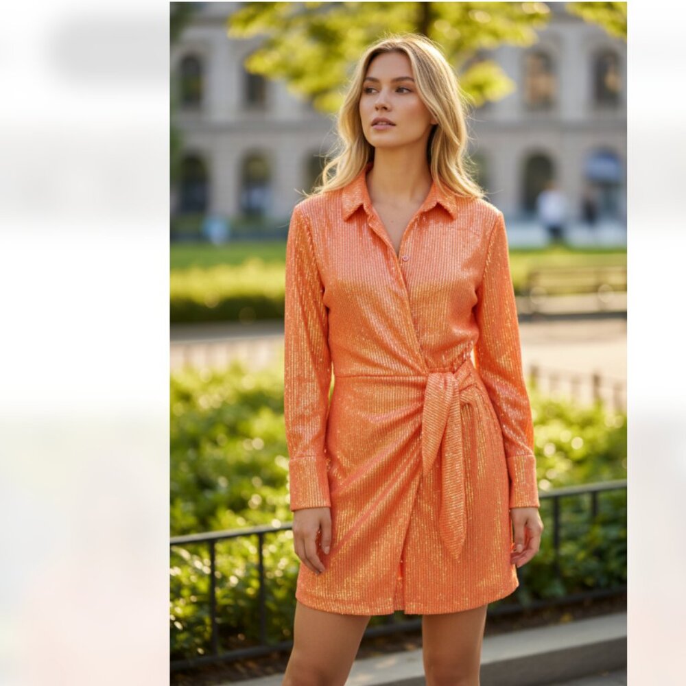 NWOT HOUSE OF HARLOW 1960 All Over Sequins Orange Wrap Shirt Blazer Dress